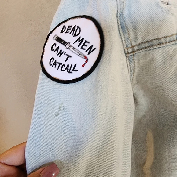 Brandy Melville Alien patch work distressed jean Jacket Size Large - Picture 2 of 8